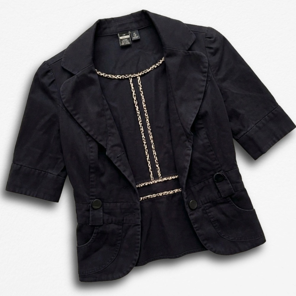 G by GUESS Women Black Short Sleeve Blazer Jacket Leopard Trim Puff Sleeve Small